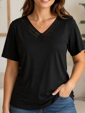 Classic Editions Black Lace Trim V-Neck Top | Women's Medium | Stretch